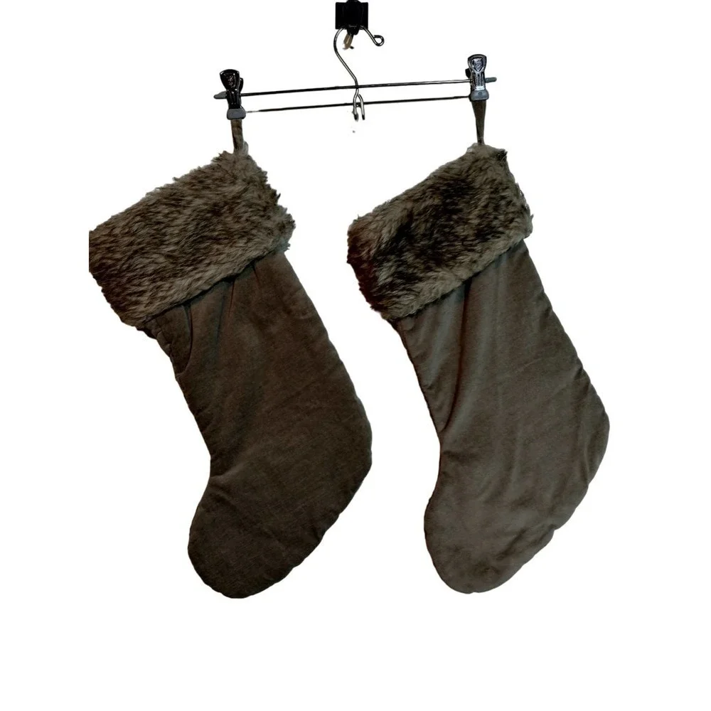 2 Christmas holiday stockings beige faux fur 100% Cotton